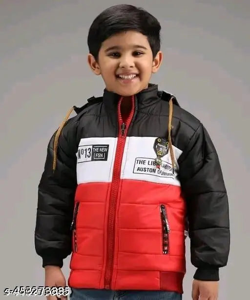 Red and black boys coat with hood, zip closure, and multiple pockets