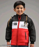 Red and black boys coat with hood, zip closure, and multiple pockets