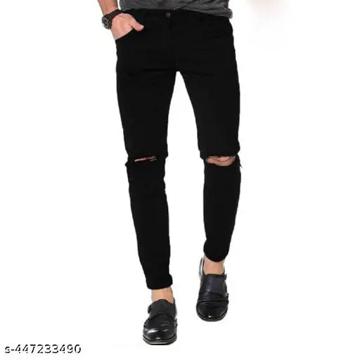 Mens black knee-cut jeans with distressed details