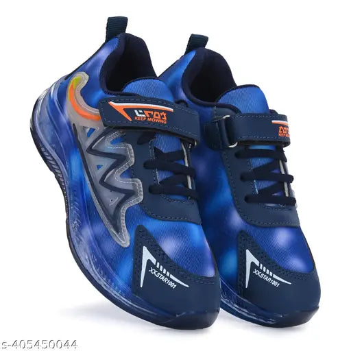 New kids' sports shoes, black and blue with orange stripes and velcro closure