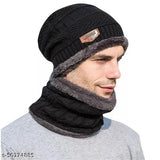 Grey knit beanie cap with muffler scarf set for men and women