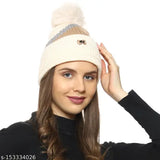Pink and white pom pom beanie cap with fur lining for women