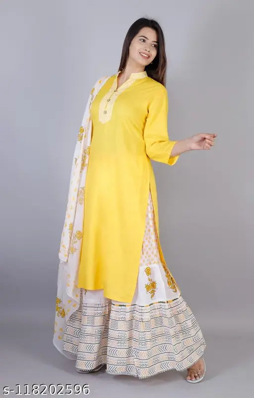 Yellow rayon sharara suit with dupatta set