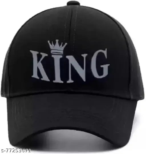 Stylish men's black cotton cap featuring kingrubber print, solid design, Indian origin
