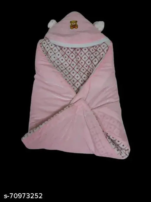 Pink velvet hooded baby swaddler, ideal for mild winter, soft flannel lining