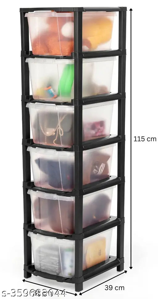 Black 6-layer drawer organizer with transparent boxes and compartments for storage clothes, toys, shoes, etc