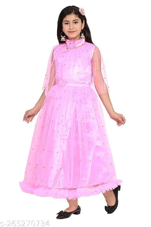 Pink net frock dress for girls, embellished three-quarter sleeve, size 3-4 years, KTR Garments product