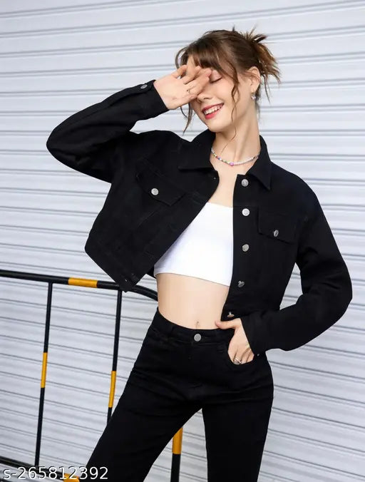 Twill black buttoned women's jacket, cotton blend, solid pattern, regular fit, collared neckline, 2 pockets, full sleeve, suitable for all seasons, Dimpy Garments, India