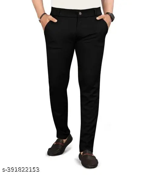 Black solid cotton lycra men's chino pants for versatile style and comfort
