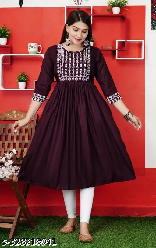 Maroon embroidered flared kameez with full sleeves and straight cut design