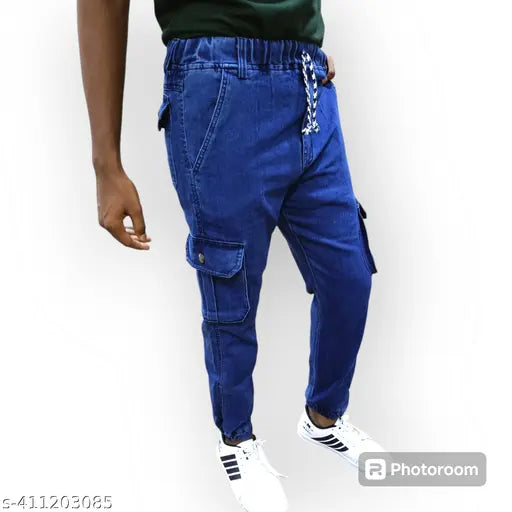 Men's blue denim jogger with drawstring at waist and cargo pockets