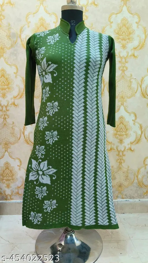 A trendy green woolen kurti with intricate paisley and floral embroidered designs, long sleeves