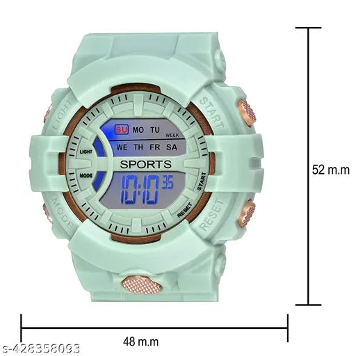 Green digital watch, sports brand, digital display shows time, multiple buttons and dials