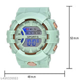 Green digital watch, sports brand, digital display shows time, multiple buttons and dials