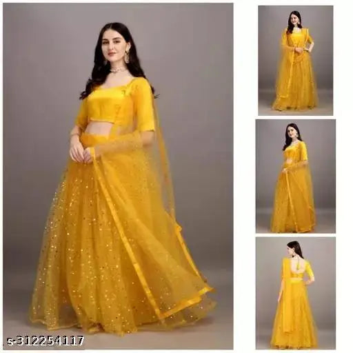 Yellow satin and net semi-stitched bridal Lehenga Choli, embellished with traditional floral embroidery, free size, India origin