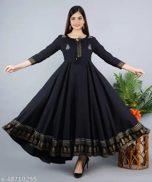 Rayon flared embroidered Anarkali Kurta, printed combo with three-quarter sleeves, women's clothing for festive and party wear