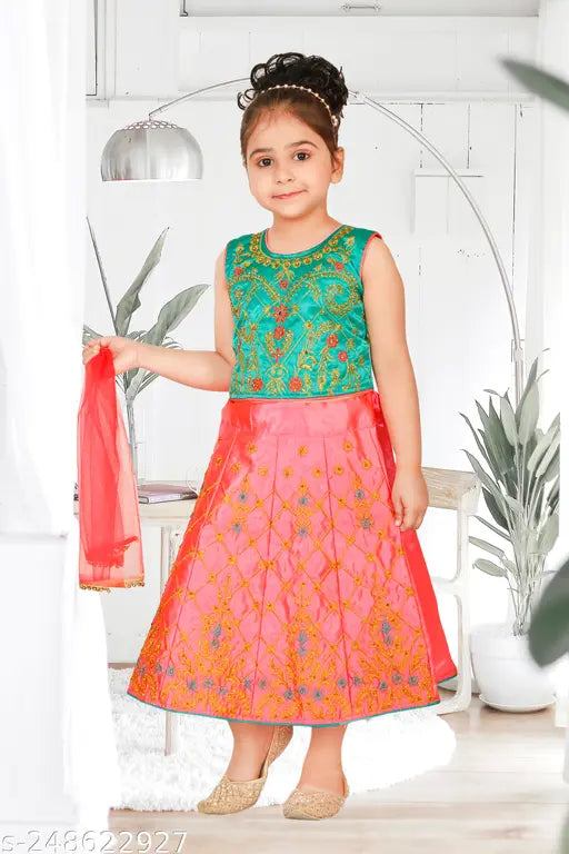 Embroidered cotton blend lehenga and dupatta set for baby girls, ideal for special occasions like Diwali, Eid, Durga Puja, birthday parties, or marriages. Made by Mahi Collection, high quality stitching." (109 characters)