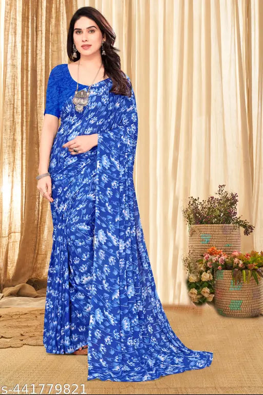 Blue Georgette Raniar Saree with unstitched Blouse Piece