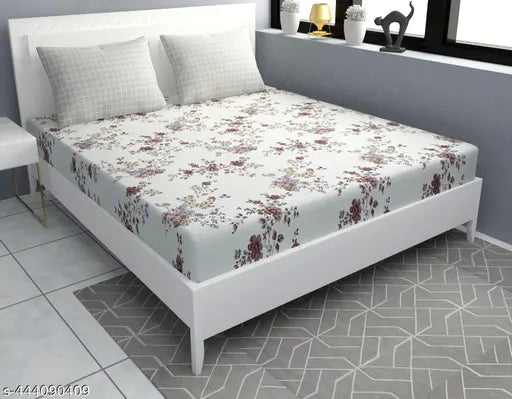 Glace cotton fitted King-size bedsheets, 220 thread count, floral design, dark & light combo with coordinating pillows