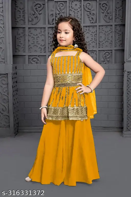 Embroidered crepe kurta with dupatta and bottomwear set (Pack of 3), vibrant parrot motif for kids aged 2-11 years, India origin