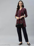 Women's plaid check print tunic shirt, cotton three-quarter sleeves, checked pattern, XS (Bust 34", Length 32"), India origin