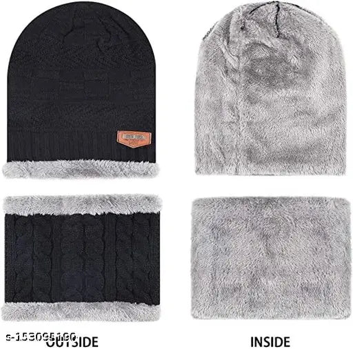 This is a collage of three distinct hats, each showcasing different features. The top hat is a **black fur-lined beanie** with a neck muffler that matches its color. The middle hat is a **snow proof woolen cap**, also black and designed to shield from the cold. The bottom hat is a **warm fur-lined beanie** in white, accompanied by a **woolen scarf**. Each hat offers warmth for winter conditions and features a **black lining**