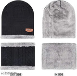 This is a collage of three distinct hats, each showcasing different features. The top hat is a **black fur-lined beanie** with a neck muffler that matches its color. The middle hat is a **snow proof woolen cap**, also black and designed to shield from the cold. The bottom hat is a **warm fur-lined beanie** in white, accompanied by a **woolen scarf**. Each hat offers warmth for winter conditions and features a **black lining**