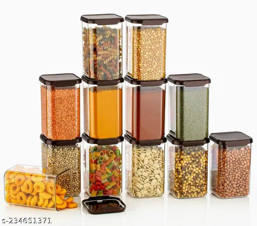 Airtight plastic square container set for kitchen storage, 1100 ml containers, set of 12 brown containers