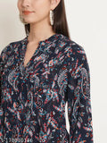 Black Viscose Rayon longline top, floral printed mandarin collar with pintucks. Three-quarter sleeves. Women's plus size fashion. Made in India