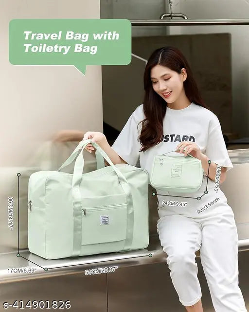Black lightweight expandable waterproof travel duffle bag with multiple pockets, suitable for travel and carry-on luggage
