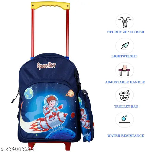 Indian Riders Space Boy waterproof trolley bag, blue, 20L. Durable polyester net school bag with adjustable straps and zippered compartments, perfect for kids aged 2-8 years