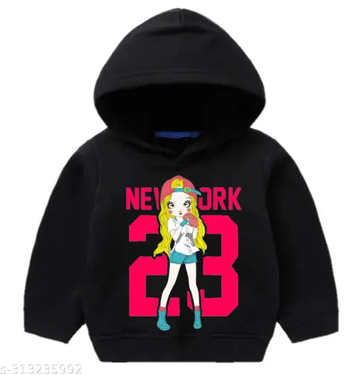 Black cotton blend kids hoodie, full sleeve girls sweatshirt for winter, printed net design