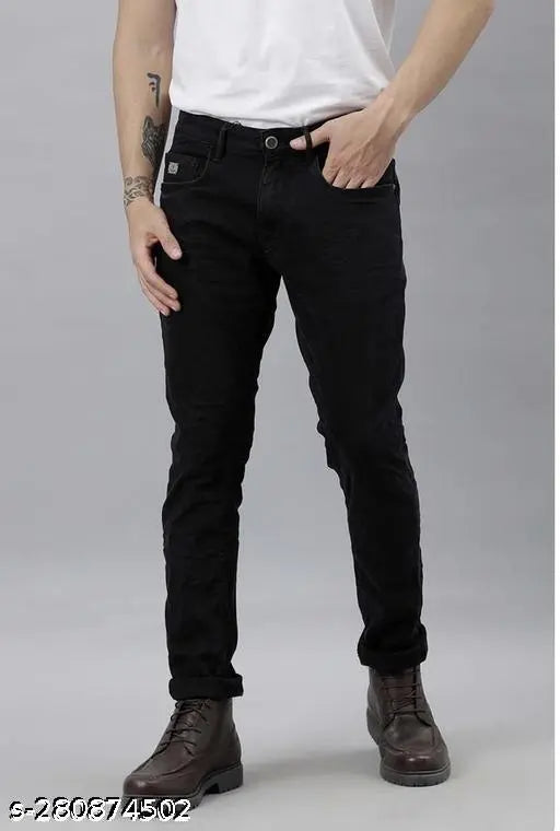 Stylish and comfortable black polycotton men's jeans by RusticBloom, mid-rise and slim fit for sizes 26, 28, 30, 32 (w/ 26in waist, 39in length)