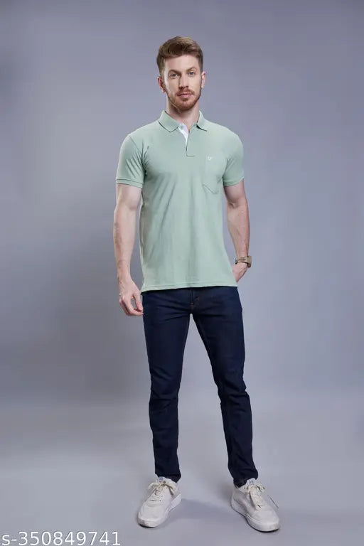 3BROS Printed Polo Neck Short Sleeves Cotton Blend Green Stylish Fashionable & Comfortable Trendy Graphic Mens T-shirts