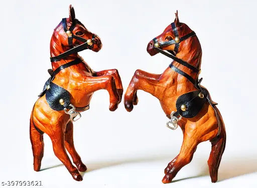 Brown wood & metal jumping horse set, elegant decorative showpiece for living spaces, handcrafted in India