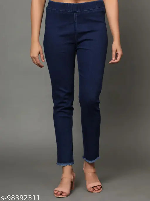 Denim skinny fit stretchable medium waist elastic belt closer royalblue jeggings for women - solid, ankle length, available in multiple sizes from 28-40