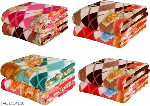 Skin-friendly multicolor lightweight polar fleece blankets (4 pcs, 90 x 60 inches) - All season, assorted floral prints, ideal for AC rooms