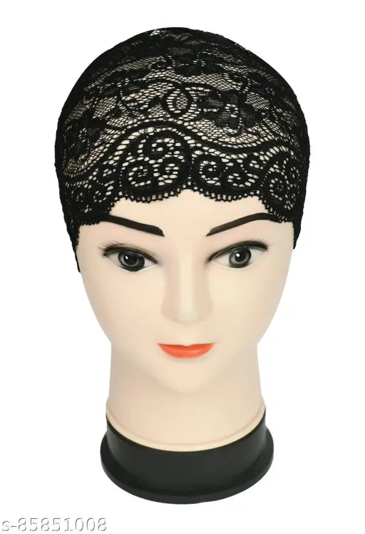 Black hijab cap under headscarf, with intricate lace trim