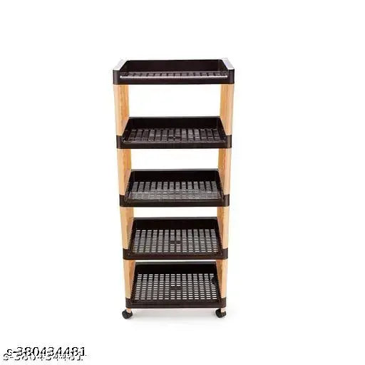 Five-layer storage organizer, kitchen and office rack, brown and cream, wheels for easy movement