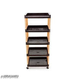 Five-layer storage organizer, kitchen and office rack, brown and cream, wheels for easy movement