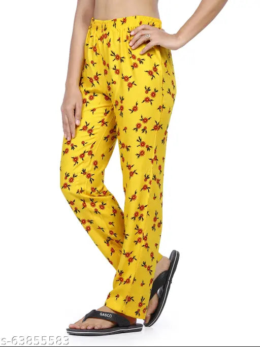 Yellow floral print pyjamas with wide legs, belted waistband
