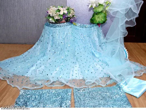 Light blue velvet & net sequinned Bollywood wedding lehenga with embroidered top and embellished dupatta, semi-stitched (42in/42in/2in), India
