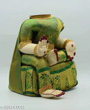 Light Green and Gold Metal Saree Varalakshmi Idol, intricate Indian goddess used for pooja during Varamahalakshmi Vratha