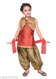 Red printed designer kurta patiala salwar suit with jacket and dupatta for girls by Hariyal Creation - Indian ethnic kids wear embroidered jacquard fabric, suitable for parties or festivals