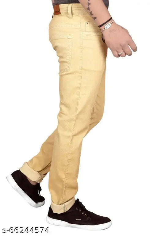 Black cotton men's straight brown jeans, regular fit with stretch and ice brown color (size 30x42), from India