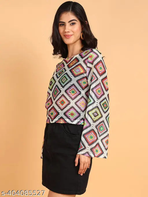 Multicolored cotton blend crop top with long sleeves, featuring geometric print design and crochet-like detailing. Country of origin: India