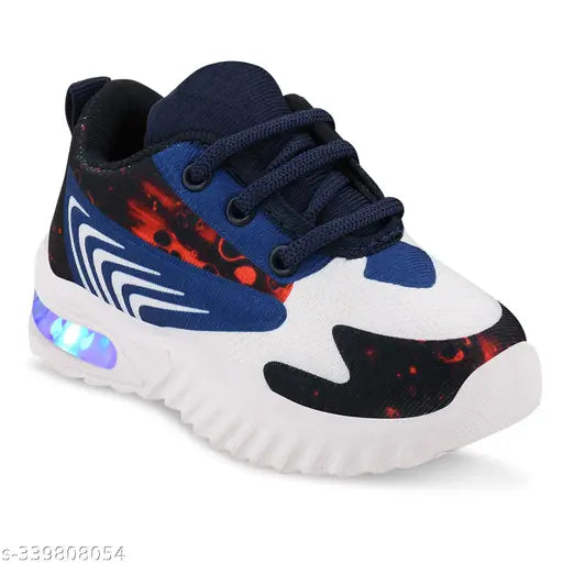 A pair of lightweight black and red casual shoes with LED accents, Velcro closure, suitable for outdoor sports activities for children in size 200