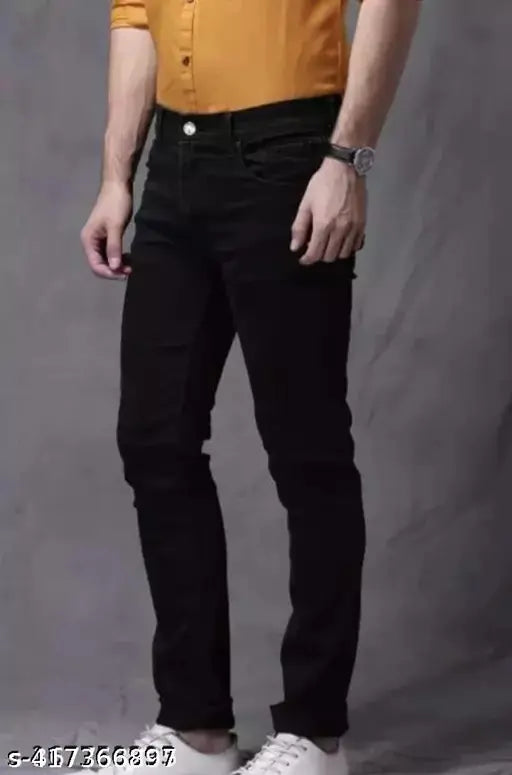 Cotton-blend black men's jeans, mid rise, slim fit, machine washable, stretchable, five pockets, India origin