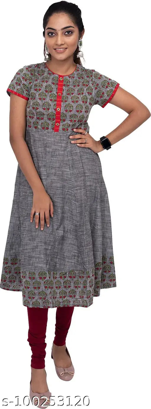Grey cotton kurta with flared design, printed pattern on front
