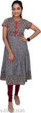 Grey cotton kurta with flared design, printed pattern on front